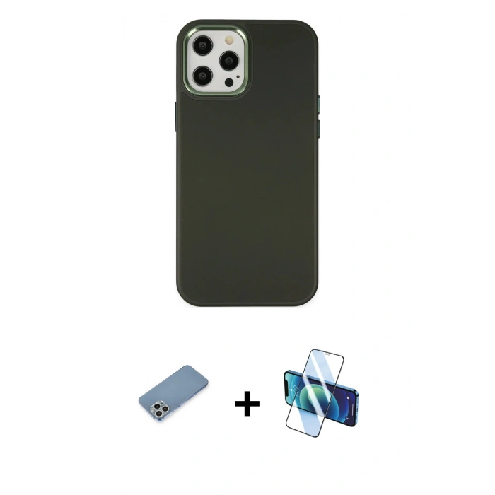 MARSİLYAN™- iPhone 12 Pro Max Kılıf Çekirdek Çizgi - Siyah 3D Antistatik Cam Ekran Koruyucu + Shine Kamera Lens Koruma Cam - GS