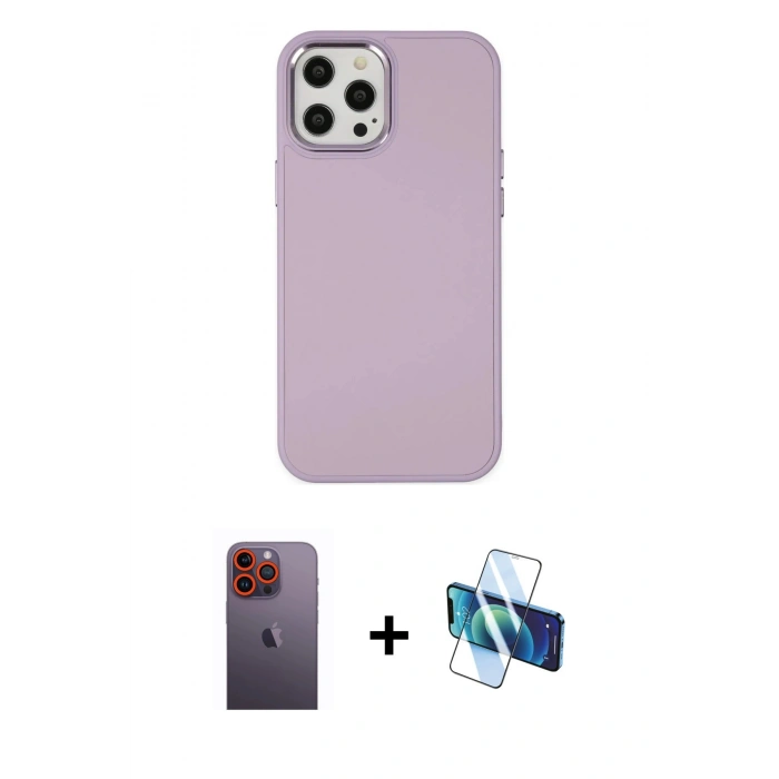MARSİLYAN™- iPhone 12 Pro Max Kılıf Çekirdek Çizgi - Siyah 3D Antistatik Cam Ekran Koruyucu + Turuncu Neon Fosforlu Kamera Lens