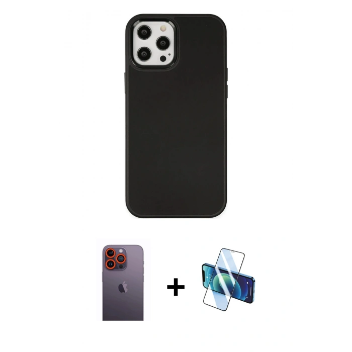 MARSİLYAN™- iPhone 12 Pro Max Kılıf Çekirdek Çizgi - Siyah 3D Antistatik Cam Ekran Koruyucu + Turuncu Neon Fosforlu Kamera Lens