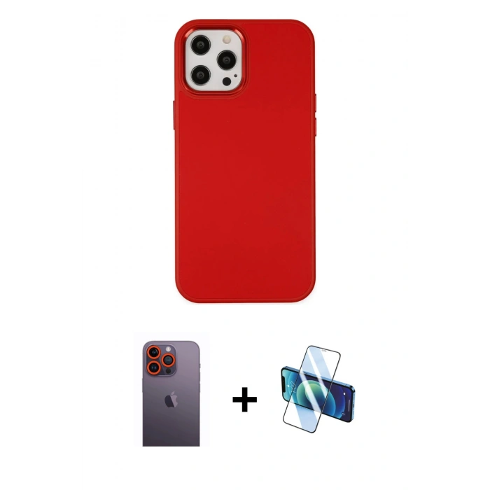 MARSİLYAN™- iPhone 12 Pro Max Kılıf Çekirdek Çizgi - Siyah 3D Antistatik Cam Ekran Koruyucu + Turuncu Neon Fosforlu Kamera Lens