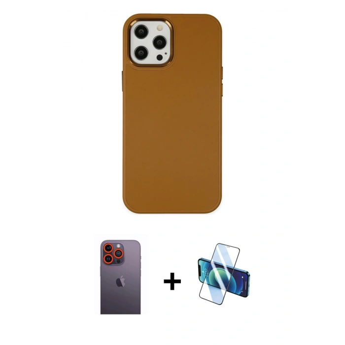MARSİLYAN™- iPhone 12 Pro Max Kılıf Çekirdek Çizgi - Siyah 3D Antistatik Cam Ekran Koruyucu + Turuncu Neon Fosforlu Kamera Lens