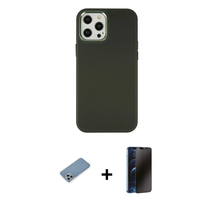 MARSİLYAN™- iPhone 12 Pro Max Kılıf Çekirdek Çizgi - Siyah 3D Antistatik Hayalet Cam Ekran Koruyucu + Shine Kamera Lens Koruma Cam - GS