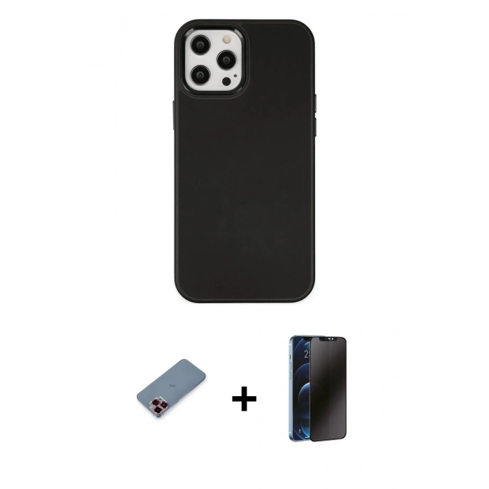 MARSİLYAN™- iPhone 12 Pro Max Kılıf Çekirdek Çizgi - Siyah 3D Antistatik Hayalet Cam Ekran Koruyucu + Metal Kamera Lens Koruma Cam - KI