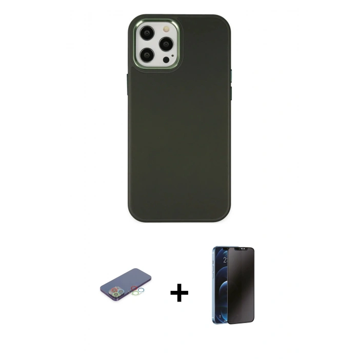 MARSİLYAN™- iPhone 12 Pro Max Kılıf Çekirdek Çizgi - Siyah 3D Antistatik Hayalet Cam Ekran Koruyucu + Renkli Kamera Lens Koruma Cam - MI