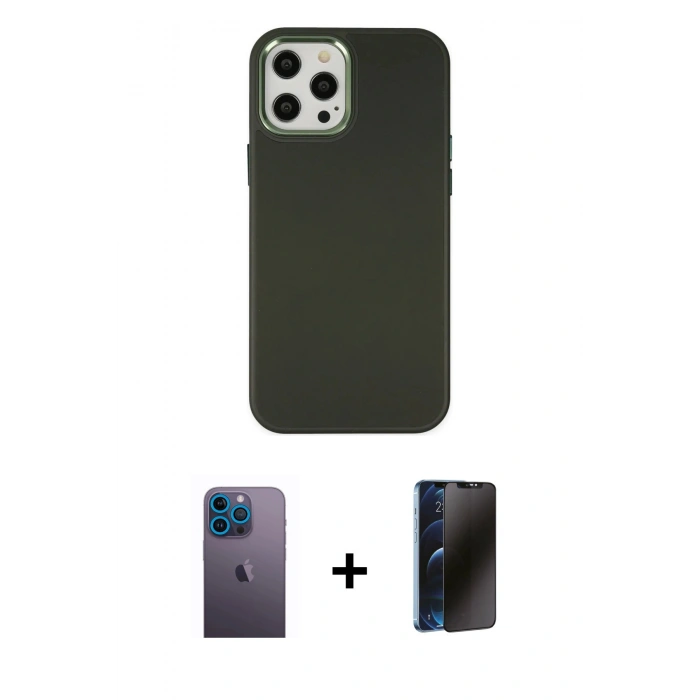 MARSİLYAN™- iPhone 12 Pro Max Kılıf Çekirdek Çizgi - Siyah 3D Antistatik Hayalet Cam Ekran Koruyucu + Neon Fosforlu Kamera Lens - MI