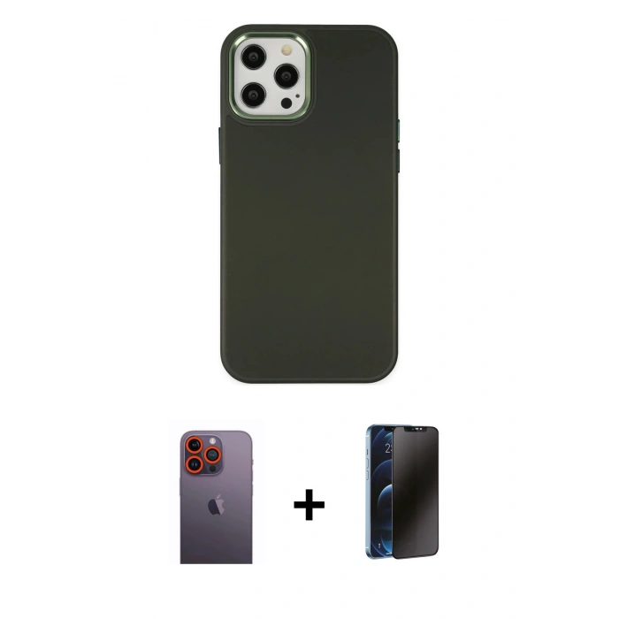 MARSİLYAN™- iPhone 12 Pro Max Kılıf Çekirdek Çizgi - Siyah 3D Antistatik Hayalet Cam Ekran Koruyucu + Neon Fosforlu Kamera Lens - TU