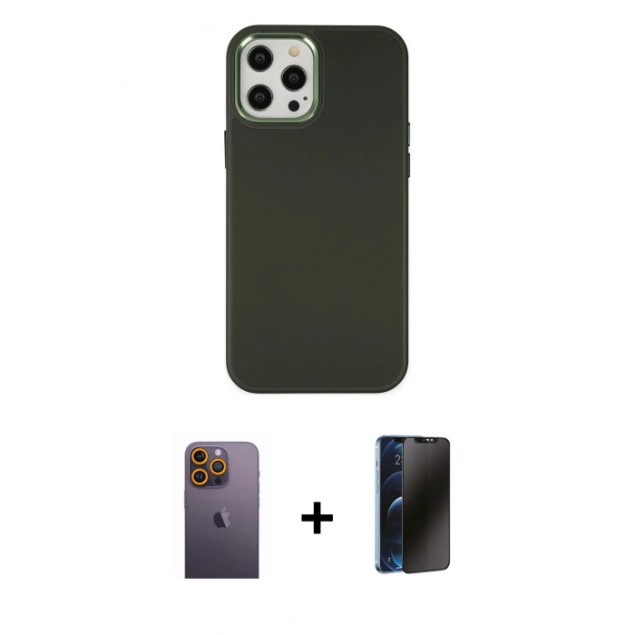 MARSİLYAN™- iPhone 12 Pro Max Kılıf Çekirdek Çizgi - Siyah 3D Antistatik Hayalet Cam Ekran Koruyucu + Neon Fosforlu Kamera Lens - SI