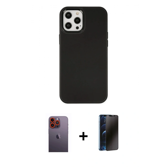 MARSİLYAN™- iPhone 12 Pro Max Kılıf Çekirdek Çizgi - Siyah 3D Antistatik Hayalet Cam Ekran Koruyucu + Neon Fosforlu Kamera Lens - TU