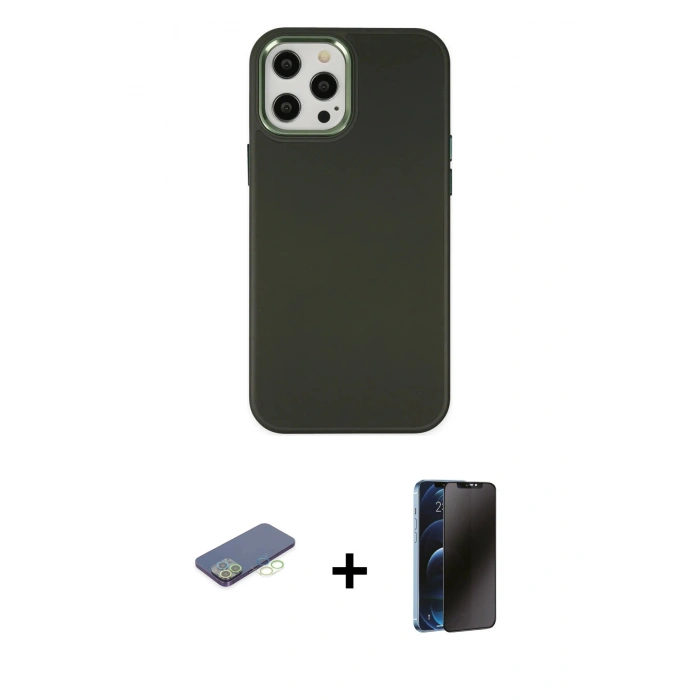 MARSİLYAN™- iPhone 12 Pro Max Kılıf Çekirdek Çizgi - Siyah 3D Antistatik Hayalet Cam Ekran Koruyucu + Renkli Kamera Lens Koruma Cam - YL