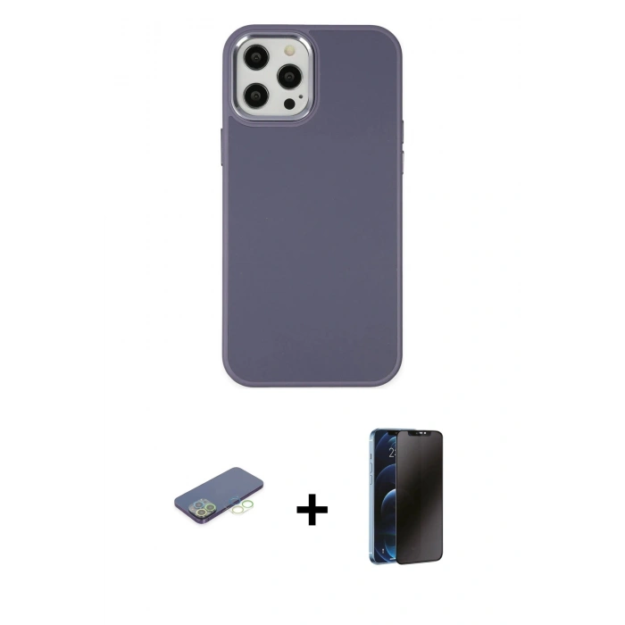 MARSİLYAN™- iPhone 12 Pro Max Kılıf Çekirdek Çizgi - Siyah 3D Antistatik Hayalet Cam Ekran Koruyucu + Renkli Kamera Lens Koruma Cam - YL