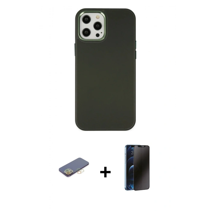 MARSİLYAN™- iPhone 12 Pro Max Kılıf Çekirdek Çizgi - Siyah 3D Antistatik Hayalet Cam Ekran Koruyucu + Renkli Kamera Lens Koruma Cam - SI