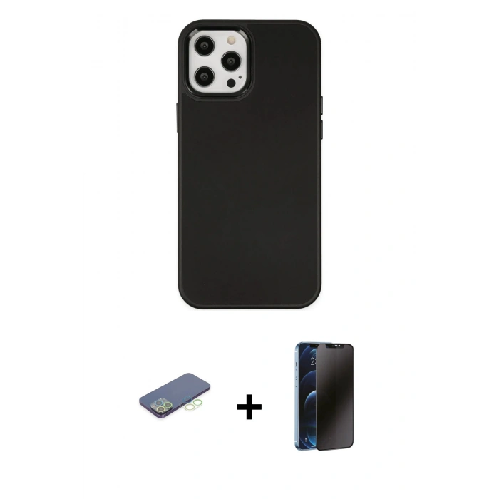 MARSİLYAN™- iPhone 12 Pro Max Kılıf Çekirdek Çizgi - Siyah 3D Antistatik Hayalet Cam Ekran Koruyucu + Renkli Kamera Lens Koruma Cam - YL