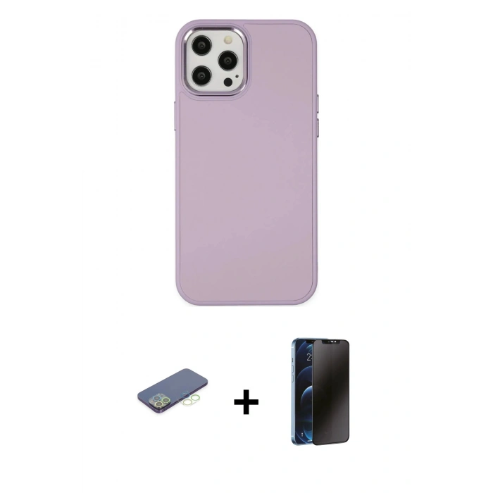 MARSİLYAN™- iPhone 12 Pro Max Kılıf Çekirdek Çizgi - Siyah 3D Antistatik Hayalet Cam Ekran Koruyucu + Renkli Kamera Lens Koruma Cam - YL