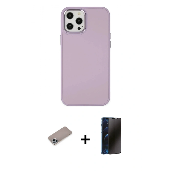 MARSİLYAN™- iPhone 12 Pro Max Kılıf Çekirdek Çizgi - Siyah 3D Antistatik Hayalet Cam Ekran Koruyucu + Shine Kamera Lens Koruma Cam - SABE