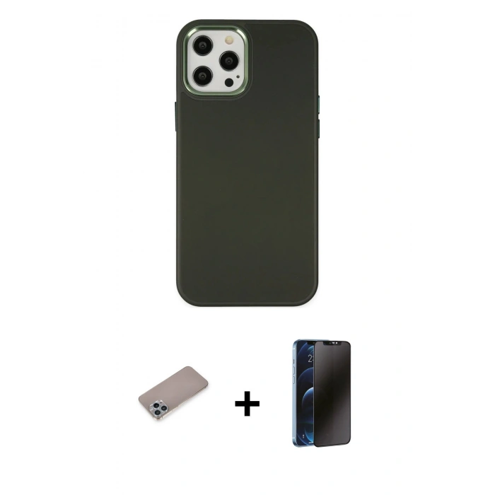 MARSİLYAN™- iPhone 12 Pro Max Kılıf Çekirdek Çizgi - Siyah 3D Antistatik Hayalet Cam Ekran Koruyucu + Shine Kamera Lens Koruma Cam - SABE