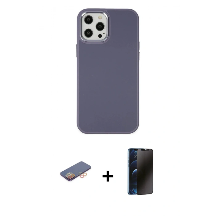 MARSİLYAN™- iPhone 12 Pro Max Kılıf Çekirdek Çizgi - Siyah 3D Antistatik Hayalet Cam Ekran Koruyucu + Turuncu Renkli Kamera Lens Koruma Cam