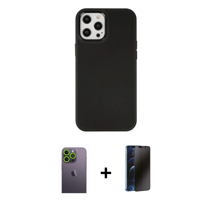 MARSİLYAN™- iPhone 12 Pro Max Kılıf Çekirdek Çizgi - Siyah 3D Antistatik Hayalet Cam Ekran Koruyucu + Neon Fosforlu Kamera Lens - YL