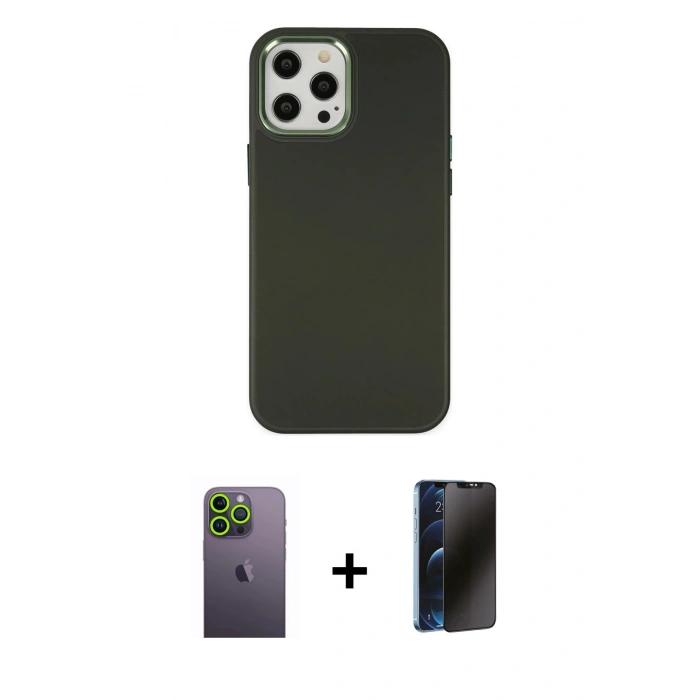 MARSİLYAN™- iPhone 12 Pro Max Kılıf Çekirdek Çizgi - Siyah 3D Antistatik Hayalet Cam Ekran Koruyucu + Neon Fosforlu Kamera Lens - YL