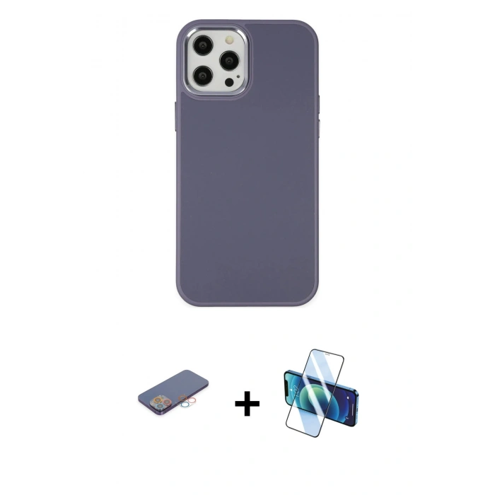 MARSİLYAN™- iPhone 12 Pro Max Kılıf Çekirdek Çizgi - Siyah 3D Antistatik Seramik Nano Ekran Koruyucu + Renkli Kamera Lens Koruma Cam - PE