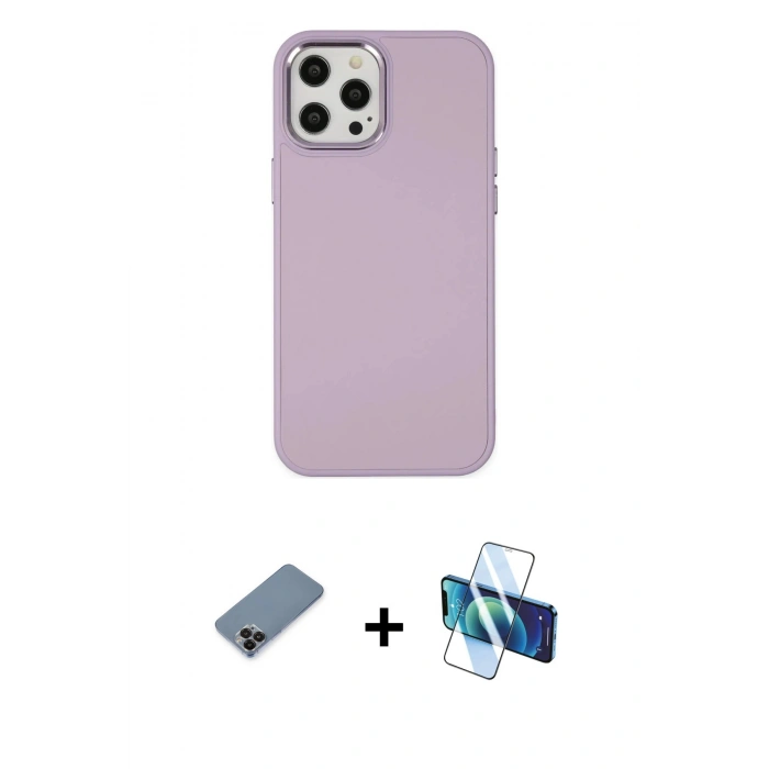 MARSİLYAN™- iPhone 12 Pro Max Kılıf Çekirdek Çizgi - Siyah 3D Antistatik Seramik Nano Ekran Koruyucu + Siyah Metal Kamera Lens Koruma Cam