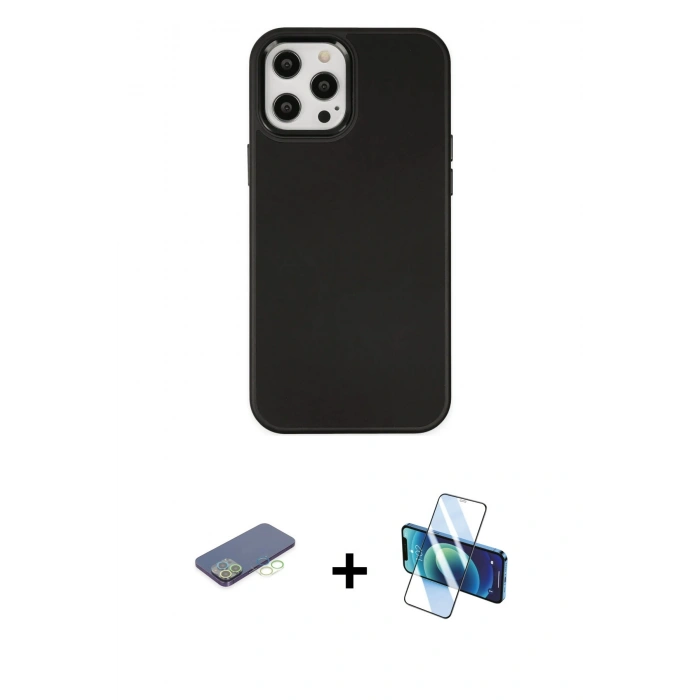 MARSİLYAN™- iPhone 12 Pro Max Kılıf Çekirdek Çizgi - Siyah 3D Antistatik Seramik Nano Ekran Koruyucu + Renkli Kamera Lens Koruma Cam - YL