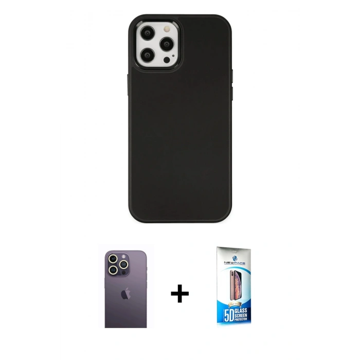 MARSİLYAN™- iPhone 12 Pro Max Kılıf Çekirdek Çizgi - Siyah 5D Eko Cam Ekran Koruyucu + Neon Fosforlu Kamera Lens - BZ