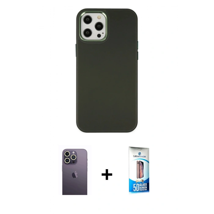 MARSİLYAN™- iPhone 12 Pro Max Kılıf Çekirdek Çizgi - Siyah 5D Eko Cam Ekran Koruyucu + Neon Fosforlu Kamera Lens - BZ