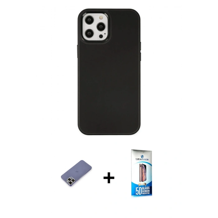 MARSİLYAN™- iPhone 12 Pro Max Kılıf Çekirdek Çizgi - Siyah 5D Eko Cam Ekran Koruyucu + Metal Kamera Lens Koruma Cam - GD