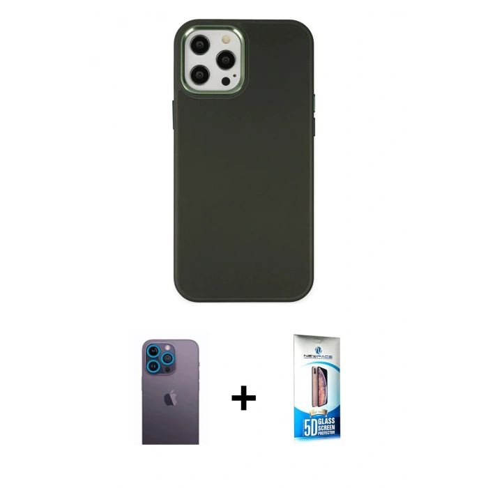MARSİLYAN™- iPhone 12 Pro Max Kılıf Çekirdek Çizgi - Siyah 5D Eko Cam Ekran Koruyucu + Neon Fosforlu Kamera Lens - MI