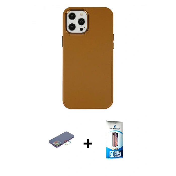 MARSİLYAN™- iPhone 12 Pro Max Kılıf Çekirdek Çizgi - Siyah 5D Eko Cam Ekran Koruyucu + Mavi Renkli Kamera Lens Koruma Cam