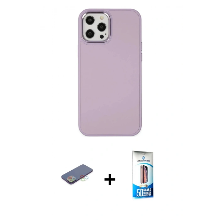 MARSİLYAN™- iPhone 12 Pro Max Kılıf Çekirdek Çizgi - Siyah 5D Eko Cam Ekran Koruyucu + Mavi Renkli Kamera Lens Koruma Cam