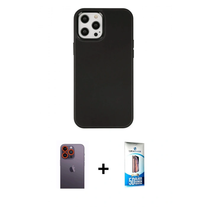 MARSİLYAN™- iPhone 12 Pro Max Kılıf Çekirdek Çizgi - Siyah 5D Eko Cam Ekran Koruyucu + Neon Fosforlu Kamera Lens - TU