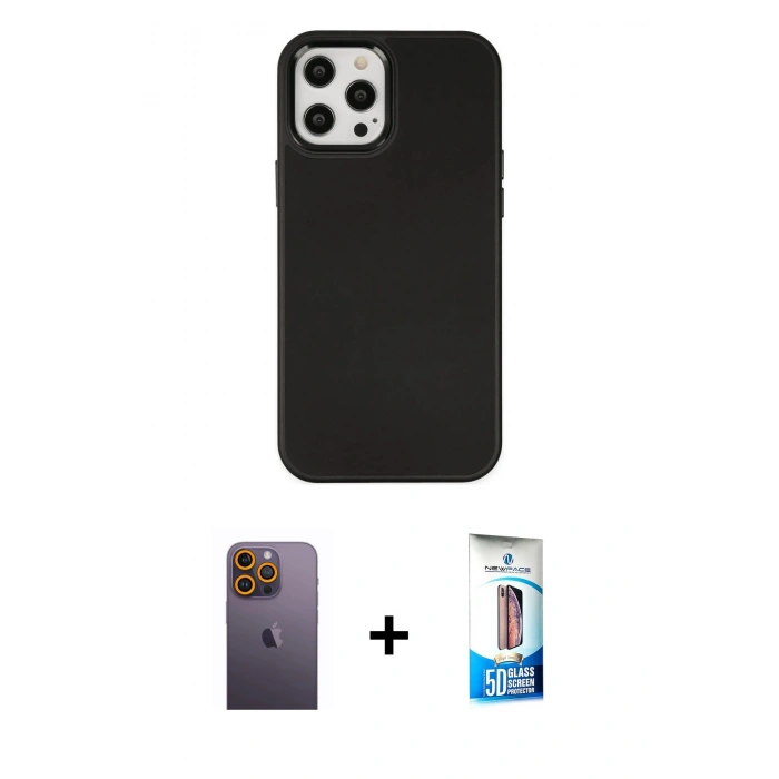 MARSİLYAN™- iPhone 12 Pro Max Kılıf Çekirdek Çizgi - Siyah 5D Eko Cam Ekran Koruyucu + Neon Fosforlu Kamera Lens - SI