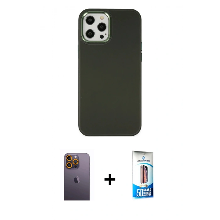 MARSİLYAN™- iPhone 12 Pro Max Kılıf Çekirdek Çizgi - Siyah 5D Eko Cam Ekran Koruyucu + Neon Fosforlu Kamera Lens - SI