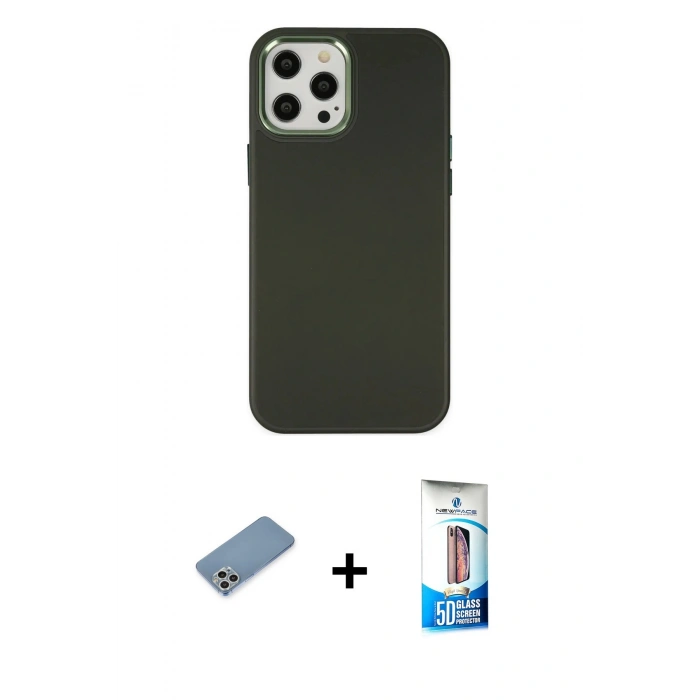 MARSİLYAN™- iPhone 12 Pro Max Kılıf Çekirdek Çizgi - Siyah 5D Eko Cam Ekran Koruyucu + Shine Kamera Lens Koruma Cam - GS