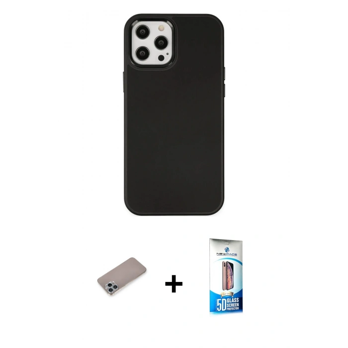MARSİLYAN™- iPhone 12 Pro Max Kılıf Çekirdek Çizgi - Siyah 5D Eko Cam Ekran Koruyucu + Shine Kamera Lens Koruma Cam - SABE