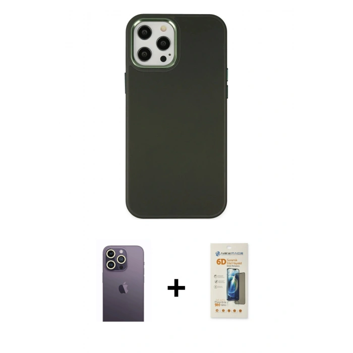 MARSİLYAN™- iPhone 12 Pro Max Kılıf Çekirdek Çizgi - Siyah 6D Mat Seramik Hayalet Nano Ekran Koruyucu + Neon Fosforlu Kamera Lens - BZ