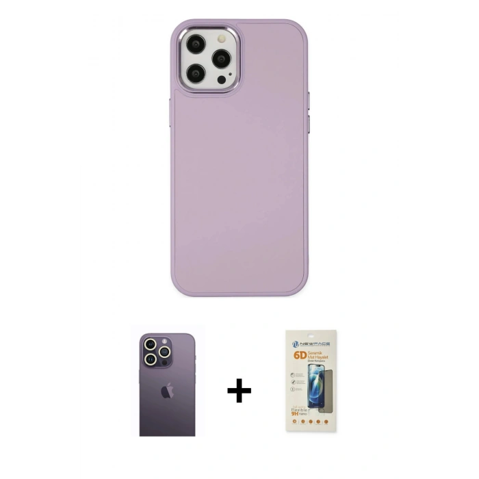 MARSİLYAN™- iPhone 12 Pro Max Kılıf Çekirdek Çizgi - Siyah 6D Mat Seramik Hayalet Nano Ekran Koruyucu + Neon Fosforlu Kamera Lens - BZ