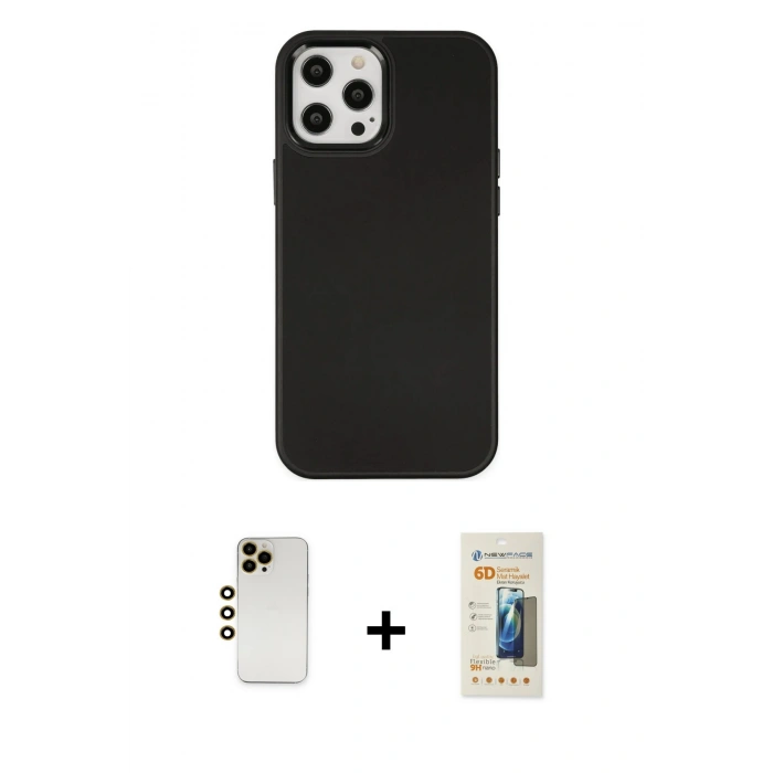 MARSİLYAN™- iPhone 12 Pro Max Kılıf Çekirdek Çizgi - Siyah 6D Mat Seramik Hayalet Nano Ekran Koruyucu + Shine Kamera Lens - GD