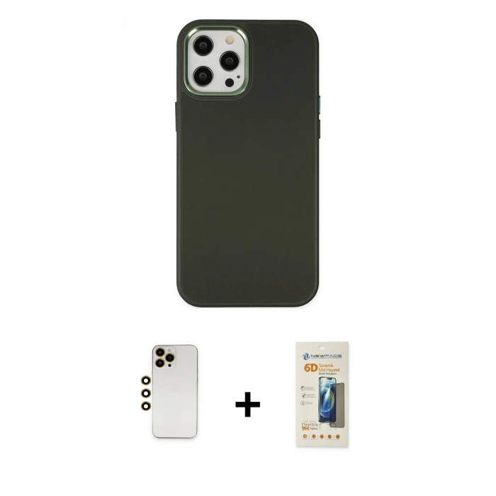 MARSİLYAN™- iPhone 12 Pro Max Kılıf Çekirdek Çizgi - Siyah 6D Mat Seramik Hayalet Nano Ekran Koruyucu + Shine Kamera Lens - GD