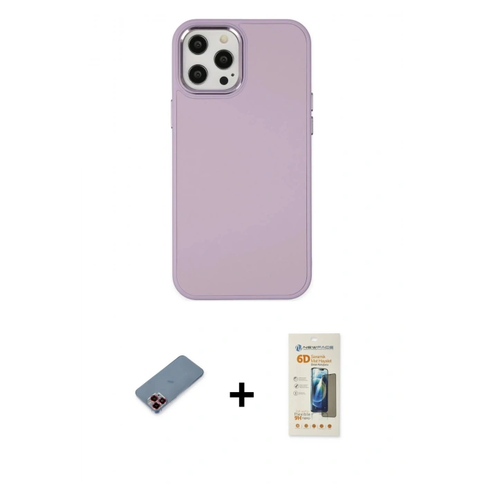 MARSİLYAN™- iPhone 12 Pro Max Kılıf Çekirdek Çizgi - Siyah 6D Mat Seramik Hayalet Nano Ekran Koruyucu + Metal Kamera Lens Koruma Cam - KI