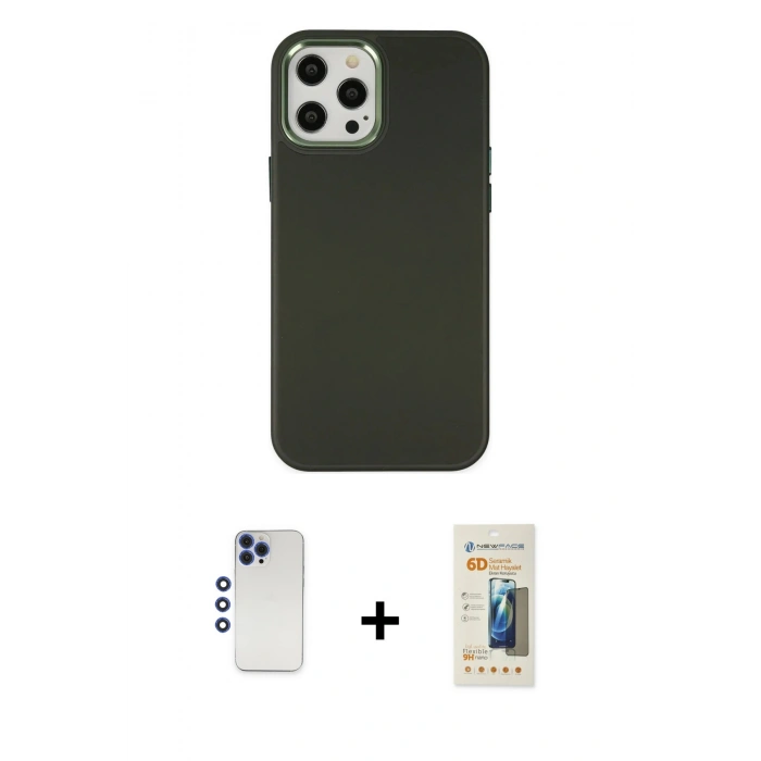 MARSİLYAN™- iPhone 12 Pro Max Kılıf Çekirdek Çizgi - Siyah 6D Mat Seramik Hayalet Nano Ekran Koruyucu + Shine Kamera Lens - LT