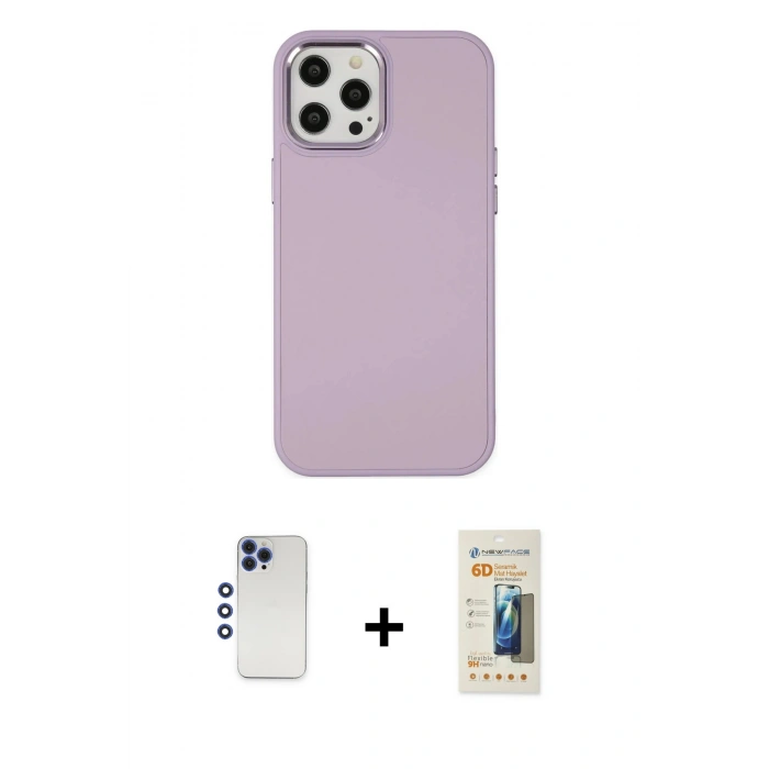 MARSİLYAN™- iPhone 12 Pro Max Kılıf Çekirdek Çizgi - Siyah 6D Mat Seramik Hayalet Nano Ekran Koruyucu + Shine Kamera Lens - LT