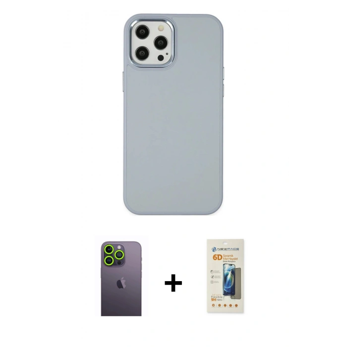 MARSİLYAN™- iPhone 12 Pro Max Kılıf Çekirdek Çizgi - Siyah 6D Mat Seramik Hayalet Nano Ekran Koruyucu + Neon Fosforlu Kamera Lens - YL