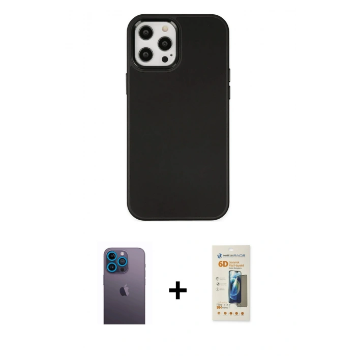 MARSİLYAN™- iPhone 12 Pro Max Kılıf Çekirdek Çizgi - Siyah 6D Mat Seramik Hayalet Nano Ekran Koruyucu + Neon Fosforlu Kamera Lens - MI