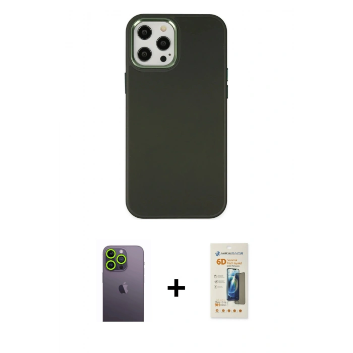MARSİLYAN™- iPhone 12 Pro Max Kılıf Çekirdek Çizgi - Siyah 6D Mat Seramik Hayalet Nano Ekran Koruyucu + Neon Fosforlu Kamera Lens - YL