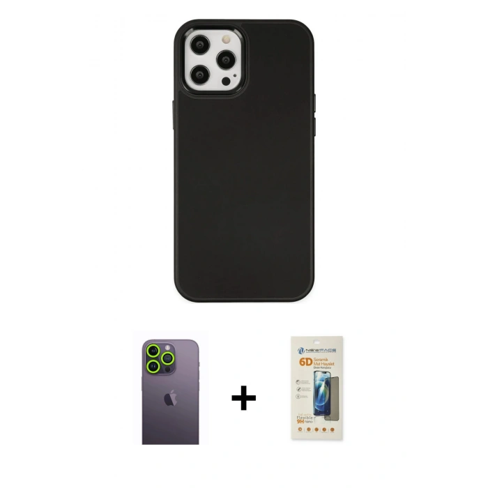 MARSİLYAN™- iPhone 12 Pro Max Kılıf Çekirdek Çizgi - Siyah 6D Mat Seramik Hayalet Nano Ekran Koruyucu + Neon Fosforlu Kamera Lens - YL