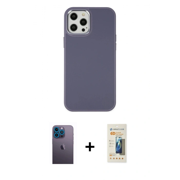 MARSİLYAN™- iPhone 12 Pro Max Kılıf Çekirdek Çizgi - Siyah 6D Mat Seramik Hayalet Nano Ekran Koruyucu + Neon Fosforlu Kamera Lens - MI