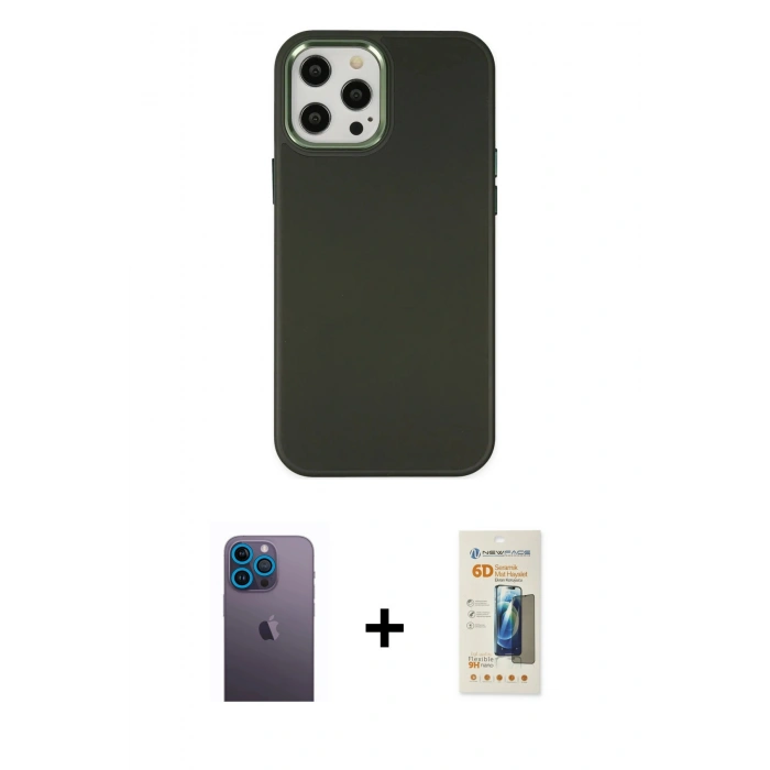MARSİLYAN™- iPhone 12 Pro Max Kılıf Çekirdek Çizgi - Siyah 6D Mat Seramik Hayalet Nano Ekran Koruyucu + Neon Fosforlu Kamera Lens - MI