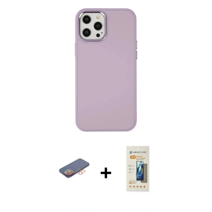 MARSİLYAN™- iPhone 12 Pro Max Kılıf Çekirdek Çizgi - Siyah 6D Mat Seramik Hayalet Nano Ekran Koruyucu + Renkli Kamera Lens Koruma Cam - TU